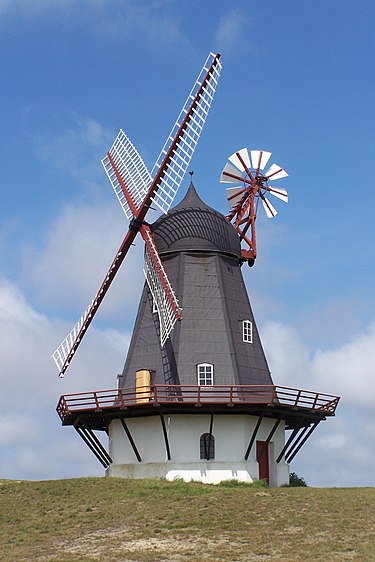 Danish Smock mill from 1895 at Sonderho, Fano, with fantail DK Fanoe Windmill01.JPG