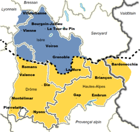 Sinisellä on edustettuna Dauphinois du Nord / Isérois.  Keltaisella värillä edustaa vivaro-alpine.