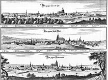 Ulm in drei Blickrichtungen um 1650, Kupferstich von Merian