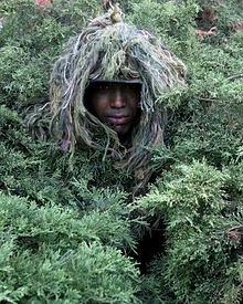 Staff Sgt. Anthony Purnell, a soldier from Echo Company, 51st Infantry Company, Long-Range Surveillance, V Corps demonstrating a ghillie suit in 2004 Defense.gov News Photo 040928-D-7433T-003.jpg