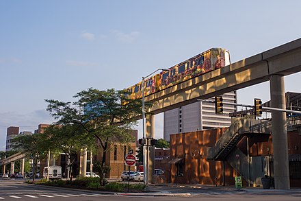The Detroit People Mover (DPM) elevated railway in Bricktown