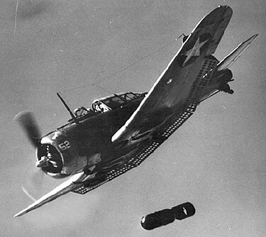 The dive brakes on this SBD Dauntless are the slotted panels visible under the wings. Douglas SBD Dauntless dropping a bomb, circa in 1942.jpg