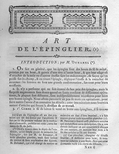 Facsimile of the first page of du Monceau's introduction to Art de l'Épinglier, with "division de ce travail" highlighted