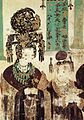 Η σύζυγος του διοικητή του Ντουνχουάνγκ, Κάο Γιανλού, και η κόρη του Βασιλιά του Χοτάν, φορούσες περίτεχνα γαλαζοπράσινα καλύμματα κεφαλής. Σπήλαιο 61, Πέντε Δυναστείες.