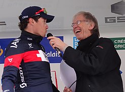 Daniel Mangeas avec Sylvain Chavanel le dimanche 11 mai 2014 à l'arrivée de la cinquième et dernière étape des Quatre Jours de Dunkerque 2014.