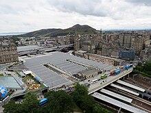 View of the station from the Scott Monument Edinburgh Waverley railway station roof from above (geograph 4589145 by Martin Dawes).jpg