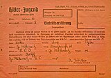 Innmeldingsserklæring for medlemmer i Hitler-Jugend 1938. Medlemmene måtte underskrive på at de var av «tysk avstamning» og love å følge førerens ordninger.