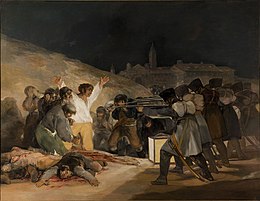 This painting, The Third of May 1808 by Francisco Goya, depicts the summary execution of Spaniards by French forces after the Dos de Mayo Uprising in Madrid. El Tres de Mayo, by Francisco de Goya, from Prado thin black margin.jpg