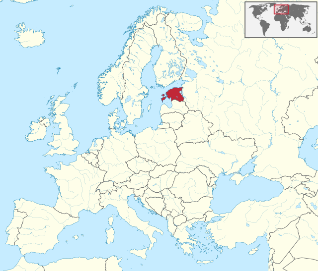 Carte administrative de l'Europe, montrant l'Estonie en rouge.