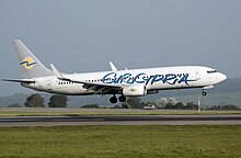 Eurocypria Airlines Boeing 737-800, named "Maistros", lands at Bristol Airport, England. (2008) Eurocypria b737-800 5b-dbw lands arp.jpg