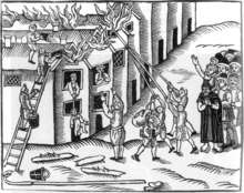Firefighting in Tiverton. Pictured is an earlier fire of 1612. Firehooks.1612.png