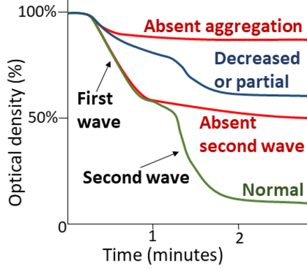 On for example optical densitometry, a first and second wave of platelet aggregation is seen, in this case for an ADP-initiated aggregation. Data suggest that ADP activates the PI3K/Akt pathway during the first wave of aggregation, leading to thrombin generation and PAR‐1 activation, which evokes the second wave of aggregation.[49]