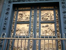 Gilt-bronze doors of the Baptistry of Florence Cathedral (Lorenzo Ghiberti, 1401-22). Florentine Gates of Paradise detail1 RB.jpg