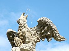 The sculpture of eagle at the top of the fountain at Plac Orla Bialego in Szczecin, Poland Fountain top.JPG