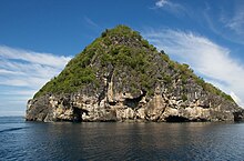 The side cuttings and rock face of the Gato Island from the frequent strong waves and current in the Visayan Sea Gato Islang Rock Face.jpg