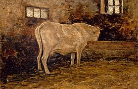 Vaca nunha corte comendo nun presebe, óleo de Giovanni Segantini, contra o ano 1899.