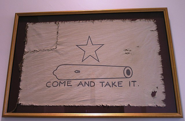 A reproduction of the original Come and take it flag, which flew during the battle of Gonzales