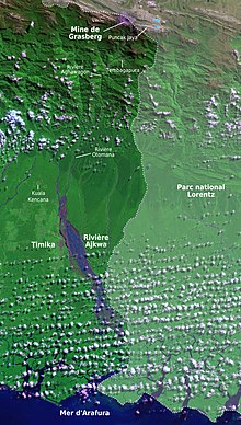 Image satellite d'une partie de la Papouasie centrale montrant le Puncak Jaya et la mine de Grasberg (en haut) et les rejets miniers dans la rivière Ajkwa à la limite du parc national de Lorentz.