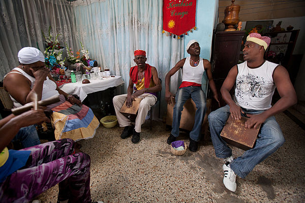 A group of Santería practitioners performing the Cajón de Muertos ceremony in Havana in 2011