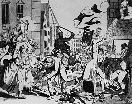 Religious sentiment often becomes a contributory factor of crime. In the 1819 anti-Jewish riots in Frankfurt, rioters attacked Jewish businesses and destroyed property.