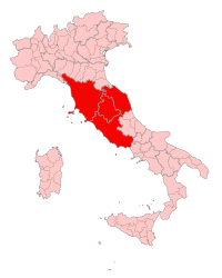 "Centralna Italija označena crveno na političkoj karti Italije."