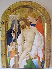 Tisch mit abgerundeter Oberkante mit dem toten Christus, umgeben von Johannes, der Jungfrau und 2 Engeln auf goldenem Grund.