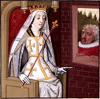 Jeanne Ire de Naples (1326-1382), dite la reine Jeanne, miniature de Robinet Testard tirée d'un manuscrit du De mulieribus claris de Boccace, vers 1488-1496, BNF, Fr.599.
