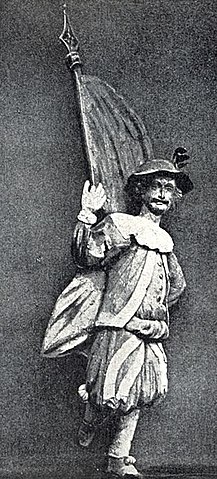 The statue of Hans von Sagan that once stood in Konigsberg. Konigsberg, Hans von Sagan, Schlacht bei Rudau 1370, Fahnentrager des XVII. Jahrhunderts.jpg