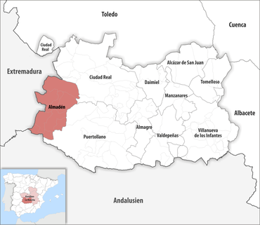 Die Lage des Gerichtsbezirk Almadén in der Provinz Ciudad Real
