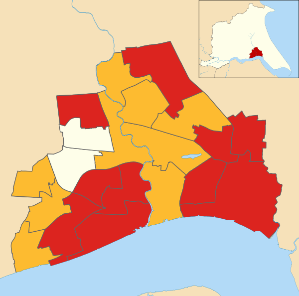 Map of the results of the 2019 Hull council election. Labour in red, Liberal Democrats in yellow, Uncontested in cream.