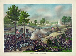 The Battle of Antietam, by Kurz and Allison (1878), depicting the scene of action at Burnside's Bridge