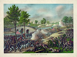 Az antietami csata, Burnside hídjánál lefolyt eseményeket ábrázolva (Kurz & Allison)