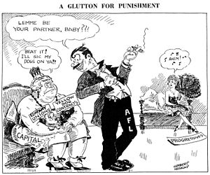 This cartoon from the monthly magazine of the CPLA illustrates the organization's view of the American Federation of Labor. Labor-Age-cartoon-Jan1930.jpg