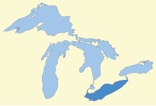 The Great Lakes, with Lake Erie highlighted in darker blue