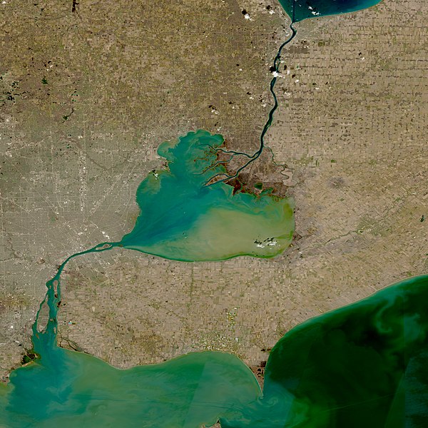 Sentinel-2 satellite photo, showing Lake Saint Clair (center), as well as St. Clair River connecting it to Lake Huron (to the North) and Detroit River