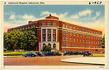 The former Lakewood Hospital as depicted c. 1930s Lakewood Hospital, Lakewood, Ohio (67969).jpg