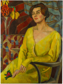 Painting of a woman with short brown hair sitting in a chair and wearing a long-sleeved yellow dress.