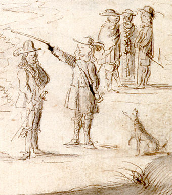 Dutch, Spanish and Han colonization in the 17th century with sketch of the "Flying Dog". Many Dutchmen kept dogs to help in the hunt. Detail from "Landdag Ceremony on Taiwan", drawing by Caspar Schmalkalden in 1652.