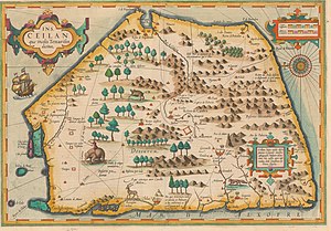 מפת סרי לנקה (שכונתה ציילון) משנת 1595, נוצרה בידי הקרטוגרף פטרוס פלנסיוס. מתוך אוסף המפות ע"ש ערן לאור, הספרייה הלאומית