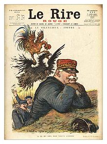 Affiche montrant un homme (Joffre) appuyé sur ses coudes, un aigle noir attaqué par un coq au dessus de sa tête.