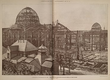 The Palaces of Fine Arts and Liberal Arts under construction, both designed by Jean-Camille Formigé