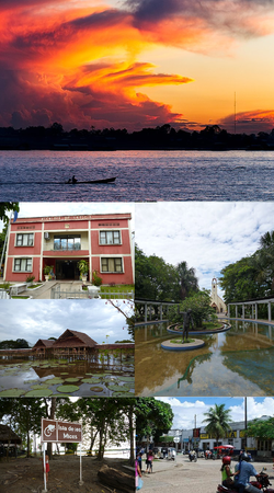 (En el sentido de las agujas del reloj desde arriba): Atardecer en el río Amazonas, Parque Santander con la Catedral de Leticia al fondo, Centro de Leticia (cerca de la frontera entre Colombia y Brasil), Isla del río Los Micos, Jardín de loto Victoria Regia, Ayuntamiento de Leticia ( Alcaldía de Leticia)