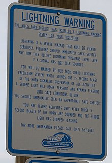 Information overload: Instructions of what to do when a lightning alarm sounds are in the second paragraph. Lightning warning (cropped).jpg