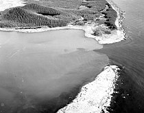Vstup do Lituya Bay s výběžkem v dolní části fotografie, zachycený po úderu megatsunami.