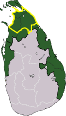 Zone revendiquée (en vert) par les Tigres tamouls et territoire contrôlé de fait (limites approximatives en jaune) au moment du lancement de l'offensive gouvernementale de 2008-2009[35],[36].