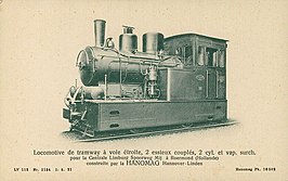 Locomotive de tramway a voie etroite, 2 essieux couples 2 cyl. et vap. surch. pour la Centrale Limburg Spoorweg Mij a Roermond (Hollande) construite par la Hanomag, Hannover-Linden