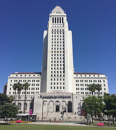 Tallest base-isolated structure in the world, built in 1928. A Neoclassical base with an Art Deco tower. Los Angeles Historic-Cultural Monument #150.