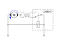 Schema Märklin-All­strommotor mit zwei Feldspulen und Fahrt­richtungsschalter mit Schaltwippe 20824, wie er ab 1957 einge­baut wurde. Fahrtrichung in die eine Richtung, 2024