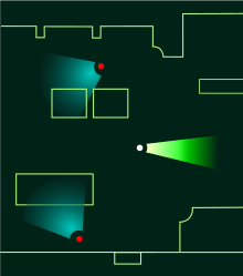 Representation of the game's 'Soliton Radar' feature. White-dot visual cone represents the player character, while red-dot visual cones represent enemy guards. Green outlines indicate objects or walls the player can hide behind. MGS Solton Radar Shot.svg