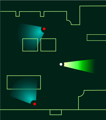 Representation of the game's 'Soliton Radar' feature. White-dot visual cone represents the player character, while red-dot visual cones represent enemy guards. Green outlines indicate objects or walls the player can hide behind.